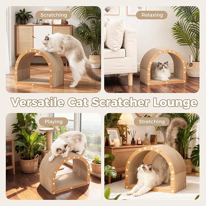 Avont Cardboard Cat Scratcher House, Kitten Scratching Tunnel Board, Modern Scratch Pad for Indoor Cats, Durable Corrugated Cardboard Scratcher for Kitty