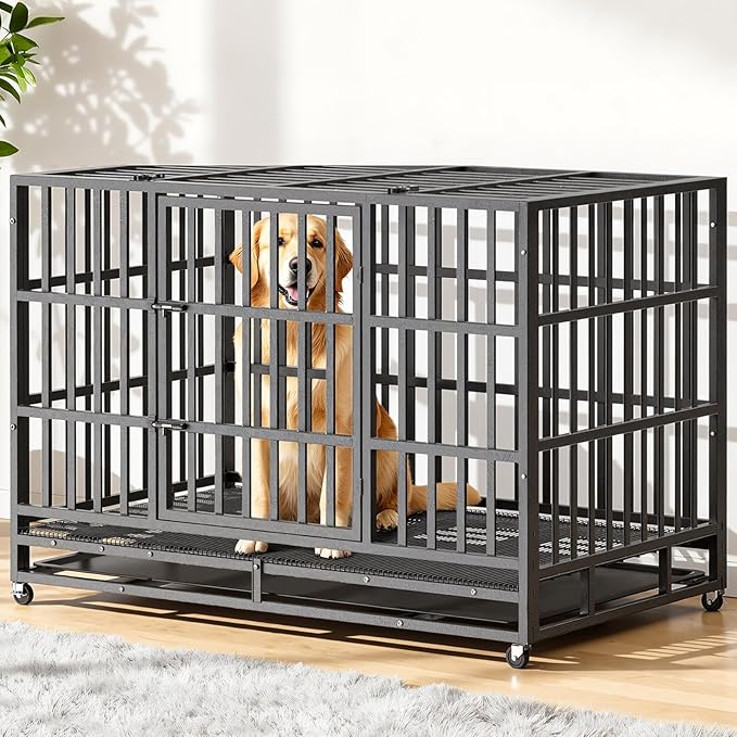 Heavy Duty Dog Crate, 48 Inch Dog Kennel Indoor with Removable Tray for High Anxiety Dogs, Indestructible Dog Crate Escape-Proof with Wheels for Small, Medium, Large, XL, XXL Dogs