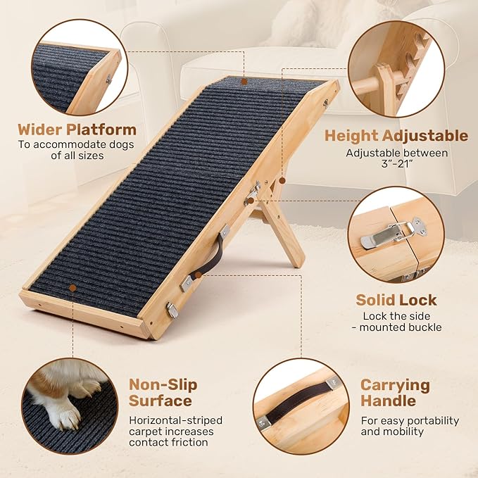 Wood Dog Ramp for Bed, 5-Level Adjustable Height (10" to 21") Pet Ramp with Non-Slip Surface for Couch, Bed and Car, Foldable Dog Stairs for Small, Medium to Large Dogs, Up to 200LBS
