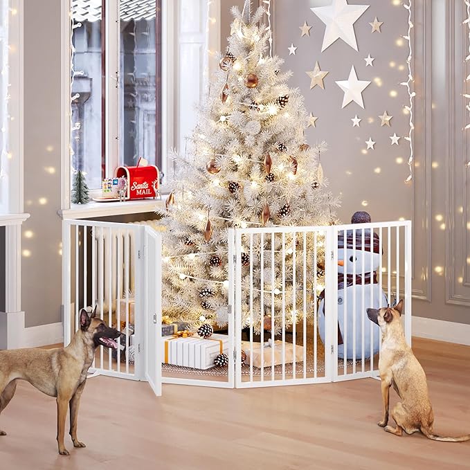 Vantas Folding No-Assembly Metal Pet Gate 80" Wide, 32" Extra Tall Dog Gate with Door Walk Through, Freestanding Accordion Puppy Gate Dog Door for Indoor & Outdoor, with 2PCS Support - White