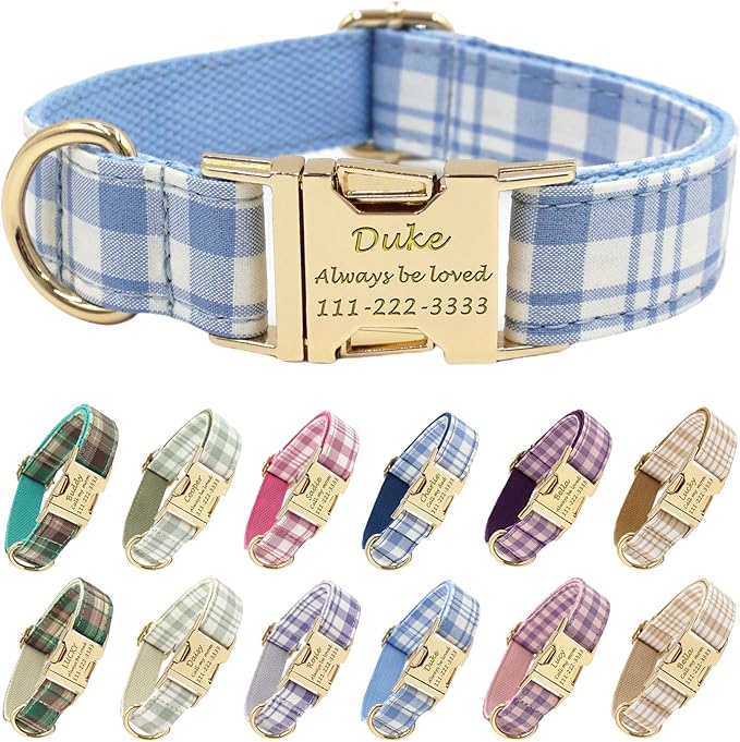 PETDURO Personalized Dog Collar Sky Blue Plaid for Large Medium Dogs | Engraved Name and Phone Number on Gold Metal Buckle for Boys & Girls | Add Leash & Bow Tie via Customize Now