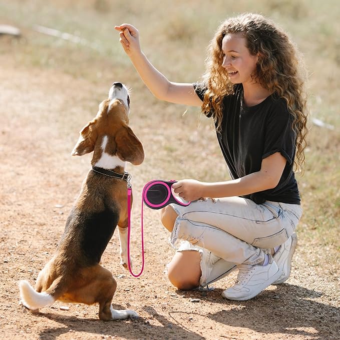 Segarty Pink Retractable Dog Leash, 16ft Heavy Duty Walking Dog Leash for Medium Small Dogs up to 44lb, Anti-Slip Handle 360°Tangle-Free Nylon Tape, One-Handed One Button Lock and Release