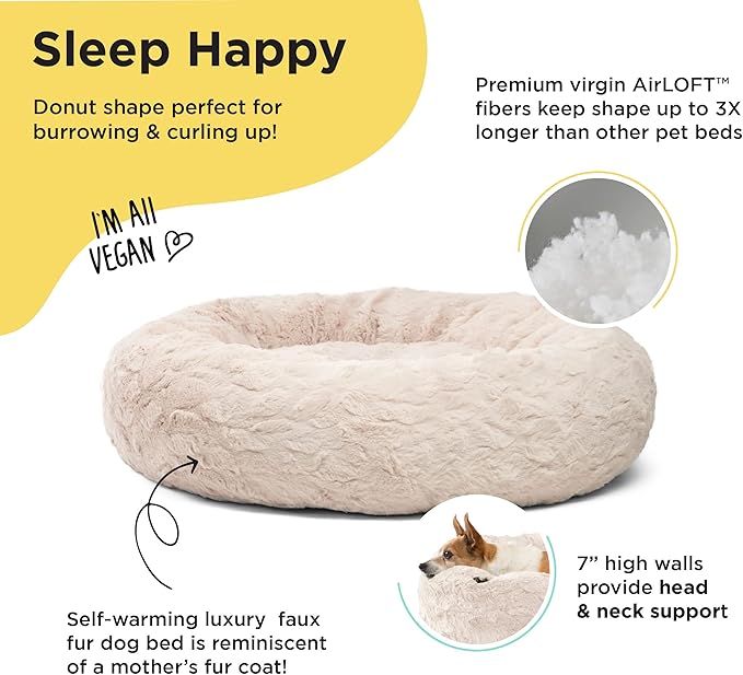 Best Friends by Sheri The Original Calming Donut Dog Bed – Washable Plush Pet Bed for Cats & Small Dogs up to 25 lbs, Lux Faux Fur, Oyster, Small (23" x 23")