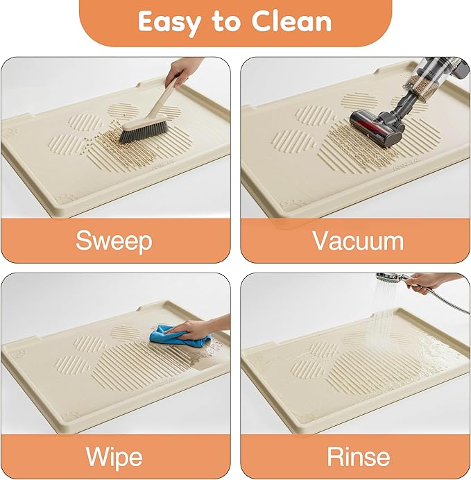 ISSEVE Cat Litter Mat 40" x 28" XL, Extra Large Silicone Mat for Litter Box, 1.38" Raised Edge Urine Waterproof Litter Trapping Mat Pad for Scatter Control, Soft on Kitty Paws, Protect Floor (Beige)