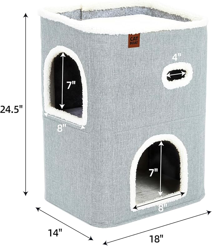 CATBOAT 2-Storey Cat House for Indoor Cats Bed, Covered Beds & Furniture with Scratch Pad and Hideaway Cave, Cute Modern Condo for Multi Small Pet Large Kitten Kitty, Light Grey