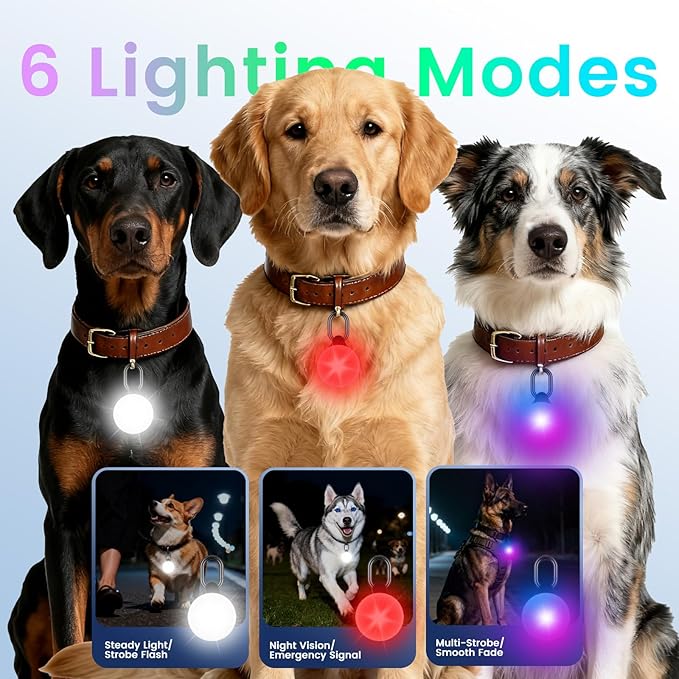Dog Light with GPS Tracker, Anti-Lost Waterproof Dog Collar Light for Night Walking, Camping, 6 Modes IP68 Rechargeable LED Pet Tracking Lights, Work with Apple Find My, No Monthly Fee(iOS only)