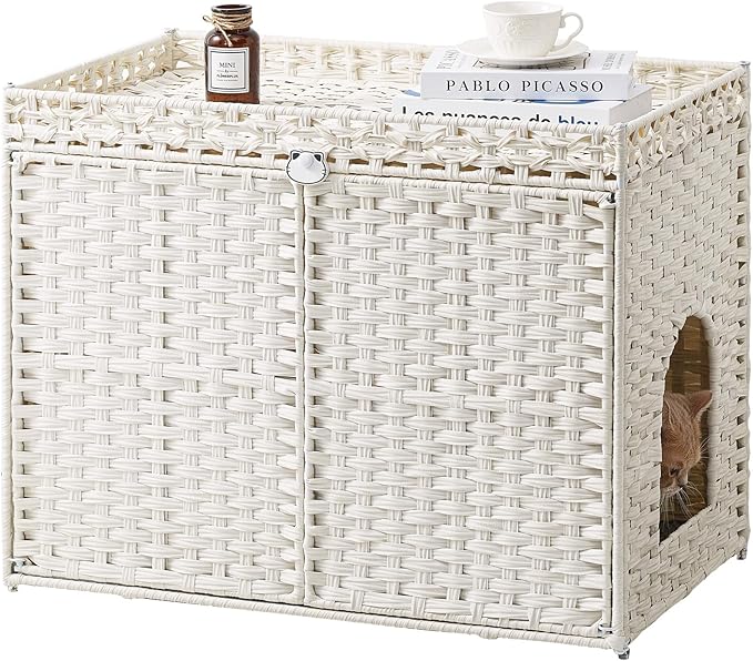 Cat Litter Box Enclosure Furniture, Handwoven Rattan Hidden Litter Box with Mat, Large Space Cat House with 2 S-Shaped Hooks 30.3 x 18.3 x 24.4 Inches, Indoor for Living Room Apartment White