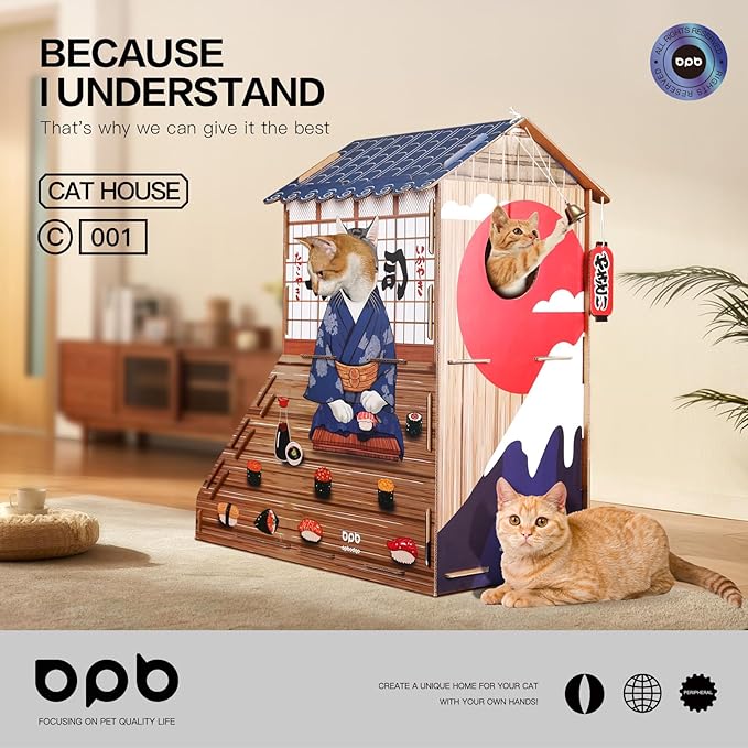 Cardboard Cat House for Indoor,Cat Scratcher House,Cat Birthday Gifts(29.5inx28.5inx18in),Double Cat Bed.