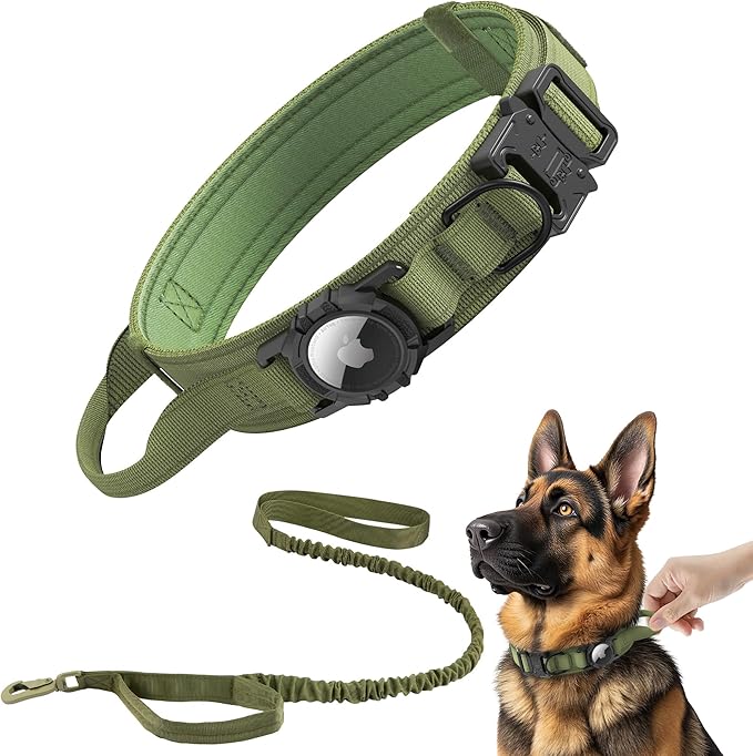 Tactical AirTag Dog Collar Leash Set - Heavy Duty, Adjustable GPS Collar Compatible with Apple AirTag, with Holder & Control Handle for Medium/Large Dogs [Green, XL]
