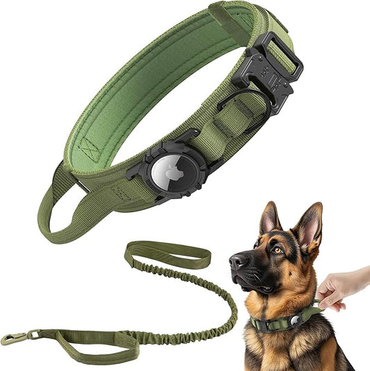 Tactical AirTag Dog Collar Leash Set - Heavy Duty, Adjustable GPS Collar Compatible with Apple AirTag, with Holder & Control Handle for Medium/Large Dogs [Green, XL]