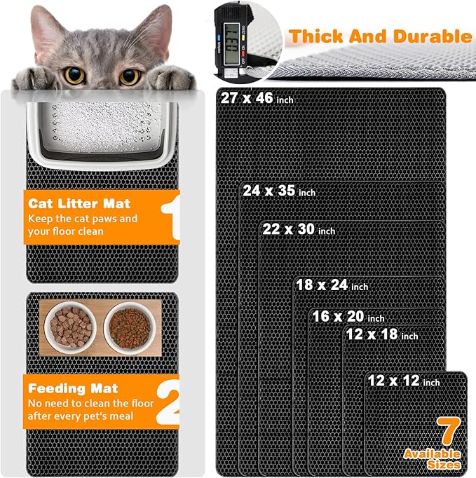 Waterproof Cat Litter Mat, Double Layer EVA, Odor-Free Large Grid, Urine Proof, Easy Cleanup (Black, 18 x 24)