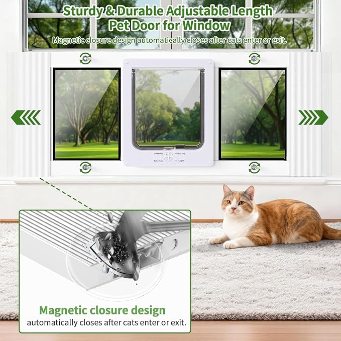 Aluminum Frame Cat Door for Window with Magnetic Auto Closure, Adjustable Width Quick-Fit Pet Door for Window Insert, Suitable for Most Medium Cats & Small Dogs (27''-32'')