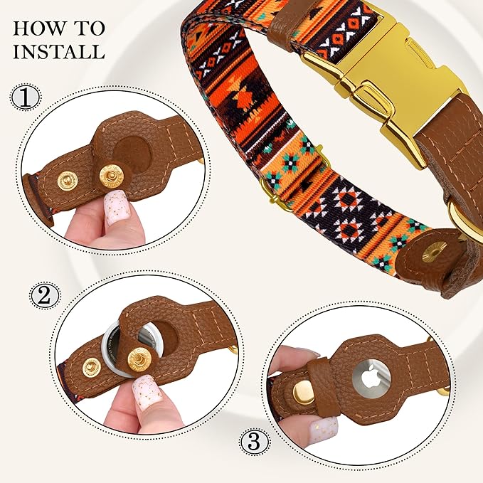 AirTag Dog Collar for Small Medium Large Breed - Adjustable Cute Pattern Dog Collar with Airtag Holder - Soft Leather Tracker GPS Apple Air Tag Pet Collars (X-Small, 9"-12" Neck Fit, Western)