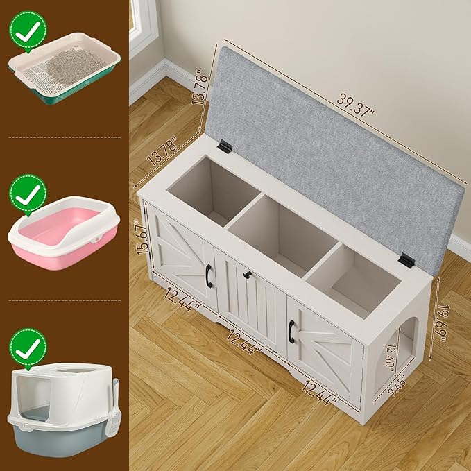 Vabches Flip Top Cat Litter Box Furniture with Storage, Cat Box Litter Enclosure with Cushion, Farmhouse Indoor Cat House with 3 Doors, Pet Washroom Hidden Litter Box, White