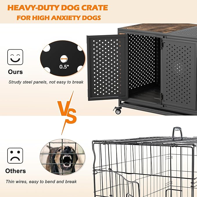 38" Heavy Duty Dog Crate Furniture for Medium and Large Dogs, Enclosed Design with 0.5 inch Holes, Indestructible Metal Kennel for High Anxiety Dogs, Chew Proof Indoor Pet House Cage, Brown