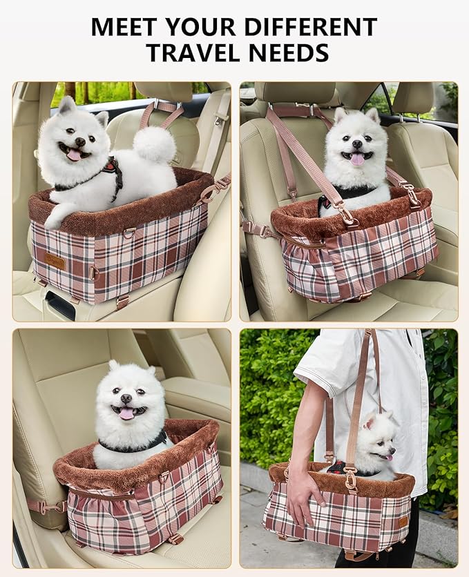 Center Console Dog Car Seat, Puppy Carseat for Small Dogs, Cat Car Seat with Metal Frame and Double Protection Seat Belts, Pet Booster Seat with Washable Cushion and Clip-on Leash Cute Plaid