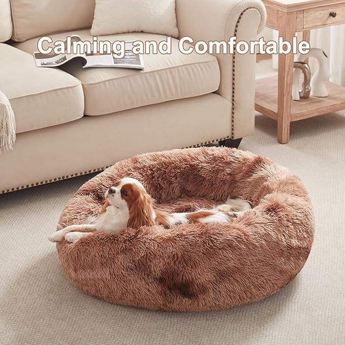 30 inches Donut Dog Bed for Medium Dogs,Calming Fluffy Round Pet Bed with Removable & Washable Cover,Fits up to 45 lbs Pets(Tie-dye Brown,Medium)