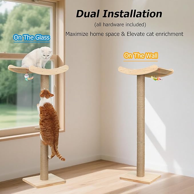 Window Cat Perch with Scratching Posts, 46" Wood Tree Bed for Maine Coon Big Cats Perching and Lounging, Mounted with 3 Strong Suction Cups (Wood Platform)