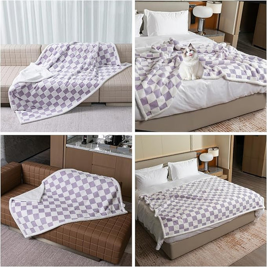 Waterproof Pet Blanket,Purple Checked Dog Stylish Jacquard Blankets for Bed Couch Sofa Covers Pets Throw Blankets for Puppy Cats Washable Reversible Furniture Protection Covers (Purple Check,XXL)