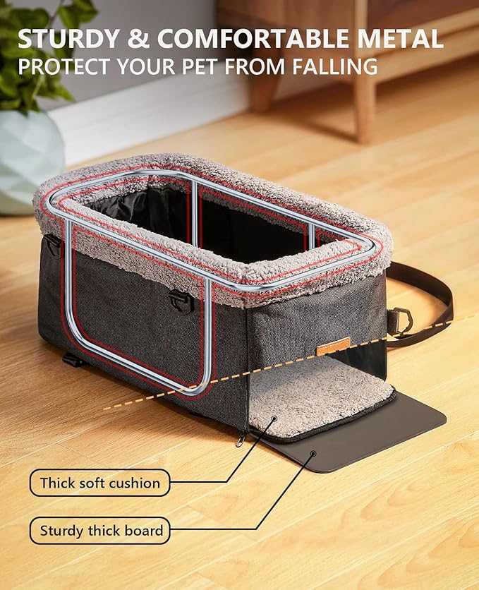 BurgeonNest Dog Carseat for Small Dog, Upgraded Console Pet Booster Seat with Metal Frame, Pet Carseat with Double Protection Seat Belts, Washable Cushion, Safety Leash and Storage Pocket(Large)