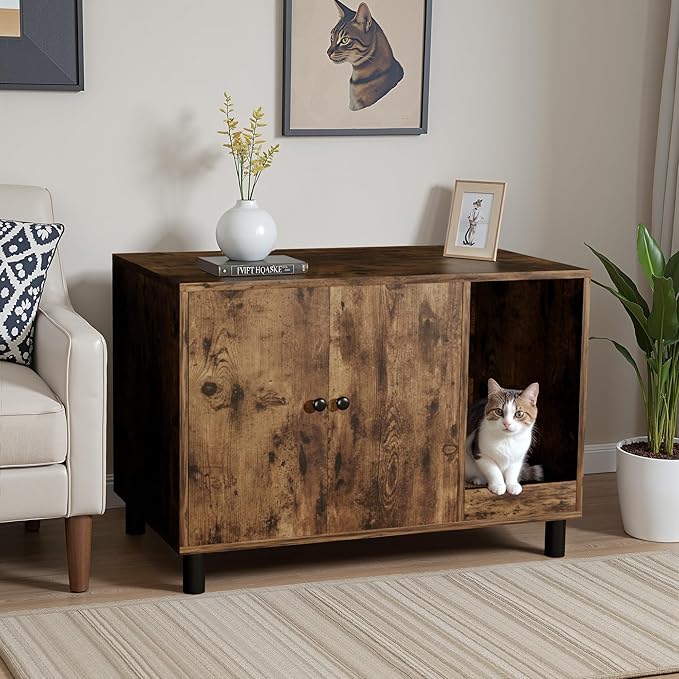 WARCAT Cat Litter Box Enclosure, Modern Hidden Litter Box Enclosure Furniture, Hidden Washroom with Scratch Pad, Barn Door Design, Indoor Cat House & End Table (Rustic Brown)