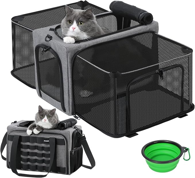 Pecute Cat Carrier Expandable, Airline Approved Cat Soft-Sided Carriers, Breathable Pet Carriers up to 5kg/12lbs, Collapsible Cat Bag Carrier Great for Travel, Outdoor, Hiking, Camping, Gray