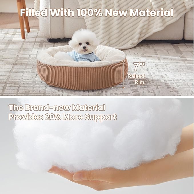 23 inches Donut Dog Bed for Small Dogs - Calming Round Puppy Bed with Removable &Washable Cover, Plush Faux Fur & Corduroy Pet Bed for Cats, Fits Pets up to 15 lbs(Brown,Small)