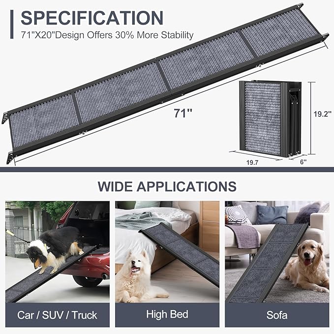 Upgraded Dog Ramp for Car 71" X-Long & 20" Wider Folding Dog Ramps for Large Dogs with Non-Slip Rug Surface Portable Dog Car Ramp for SUV Car & Truck, Outdoor Dog Ramp Up to 270 LBS