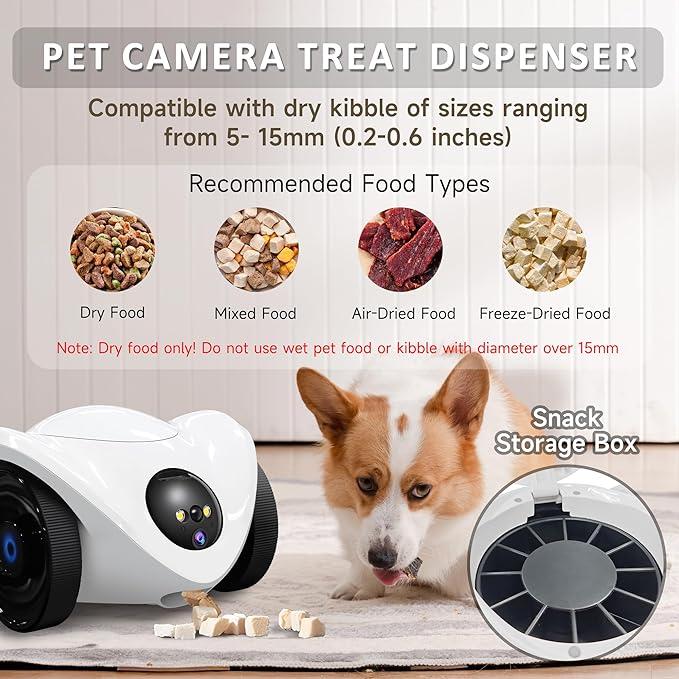 Pet Camera Treat Dispenser, Movable Pet Robot Cam with Phone App, 1080P Indoor Security Camera for Dog/Cat/Home Monitoring+32G SD Card, 2-Way Talk, Night Vision, Motion Detection (2.4GHz WIFI Only)