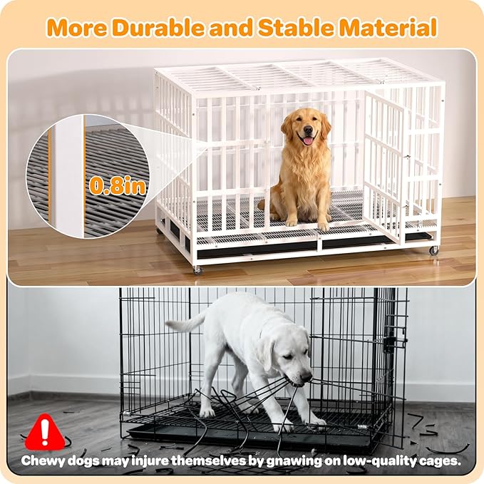Heavy Duty Dog Crate 48 Inch, Indestructible Dog Crate with Removable Tray, Escape Proof & High Anxiety Dog Kennel Indoor, Metal Dog Cage with Wheels for Large Dogs, XL XXL XXXL