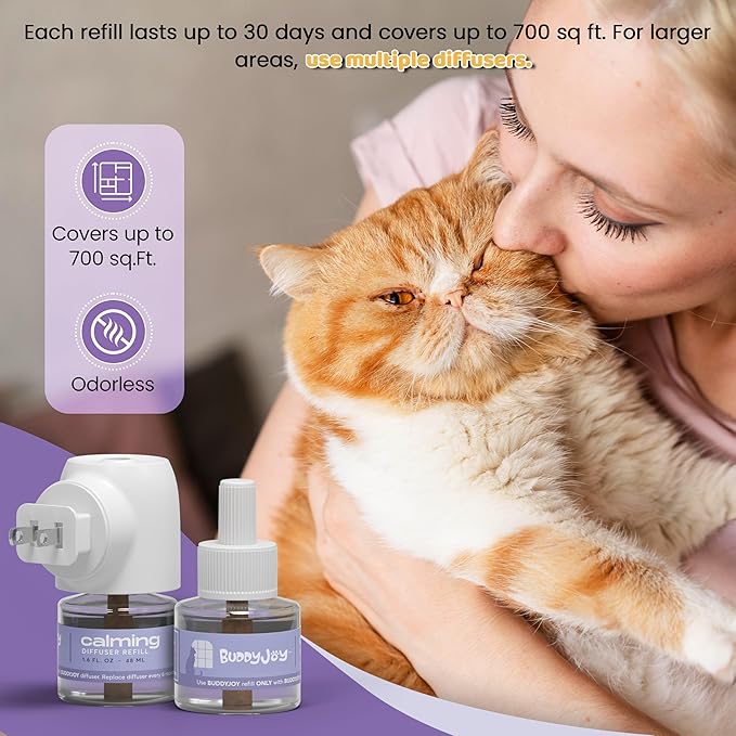 Cat Calming Diffuser Refills – Long-Lasting 30-Day Formula, Cat Pheromones Calming Diffuser for Stress Relief, Relaxation, and Anxiety Reduction, Easy to Use – (2 Diffusers + 2 Refills)