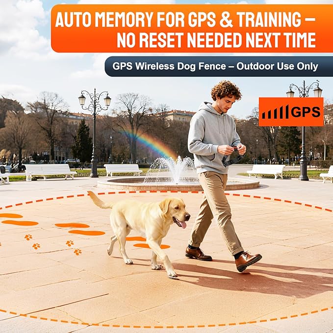 Wireless Dog Fence System, Dog Fence Outdoor for Yard, GPS Dog Collar IPX7 Waterproof, 33–999 Yd Adjustable Boundary, Auto Memory Setting,Vibration & Shock Collar for Dogs