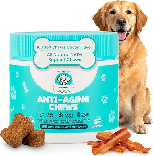 Anti-Aging Dog Supplement – Soft Chews for Senior Dogs with NAD+ Support from Nicotinamide Riboside, Omega-3, Amino Acids, Probiotics – Brain, Joint & Immune Health – Bacon Flavor – 100 Count