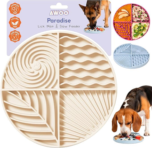 Awoo Paradise Silicone Dog & Cat Lick Mat & Slow Feeder with Suction Cups, Non-Slip, Dishwasher Safe, Extend Mealtime, Reduce Anxiety (Almond)