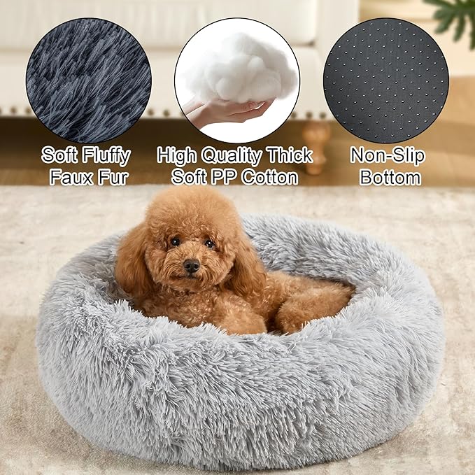 Dog Calming Beds for Small Medium Dogs - Round Donut Washable Dog Bed, Anti-Slip Faux Fur Fluffy Donut Cuddler Anxiety Cat Bed(Light Grey 28")