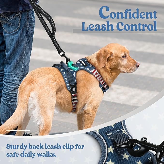 rabbitgoo Dog Harness No Pull with 2 Leash Clips, Adjustable Soft Padded, Reflective Oxford No Choke Pet Vest with Easy Control Handle for Large Dogs, Blue Star, S