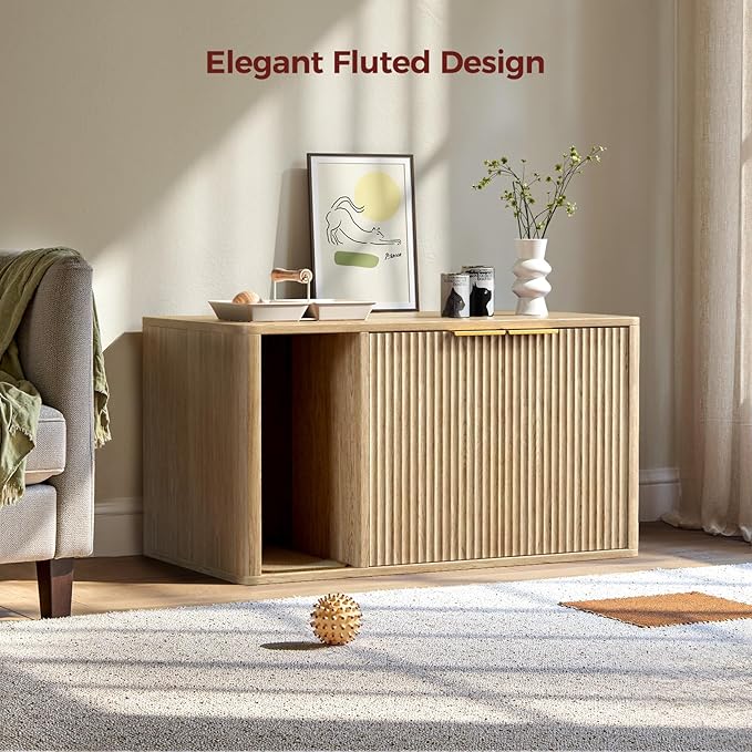 Evermagin 35.4" Oak Cat Litter Box Enclosure Furniture with Cat Scratch Pad, Large Hidden Litter Box Cabinet, Front Entry Can Install Left/Right, Mid Century Modern Kitty End Table, Kitty Bench