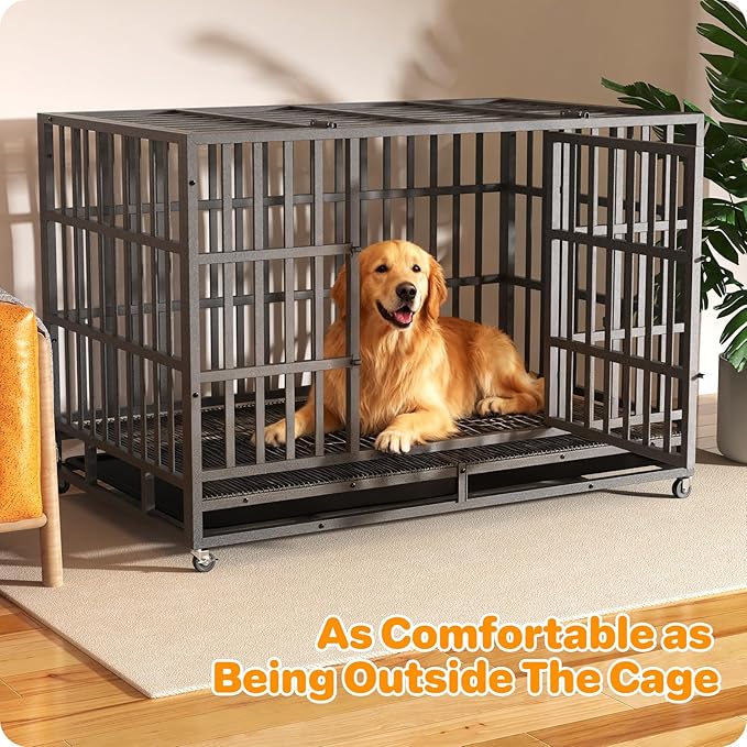 Heavy Duty Dog Crate 48 Inch, Indestructible Dog Crate with Removable Tray, Escape Proof & High Anxiety Dog Kennel Indoor, Metal Dog Cage with Wheels for Large Dogs, XL XXL XXXL