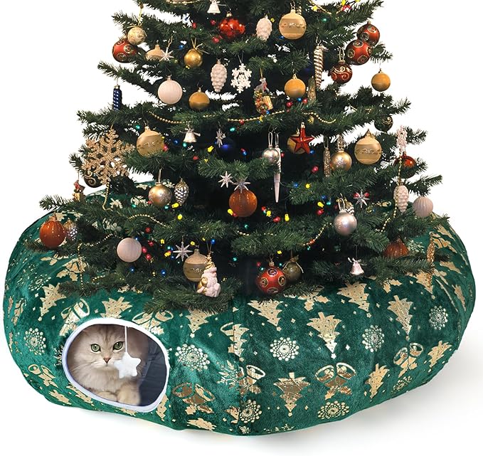 Cat Tunnel Bed for Indoor Cats, XL Christmas Tree Skirts Washable Warm Soft Indoor Cat Donut Tunnel, Multifunctional Cat Interactive Playground Toys for Felines Pet Christmas Tree Decoration