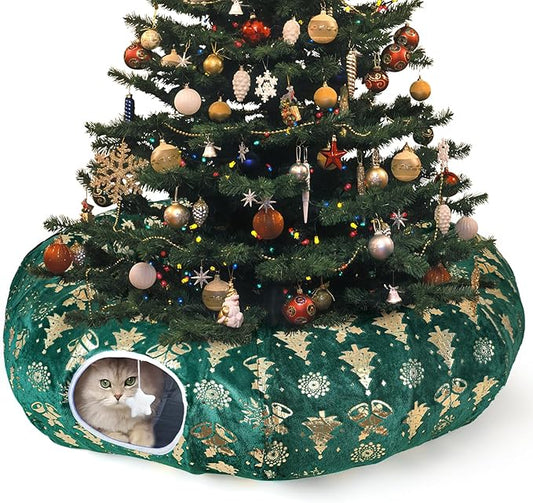 Cat Tunnel Bed for Indoor Cats, XL Christmas Tree Skirts Washable Warm Soft Indoor Cat Donut Tunnel, Multifunctional Cat Interactive Playground Toys for Felines Pet Christmas Tree Decoration