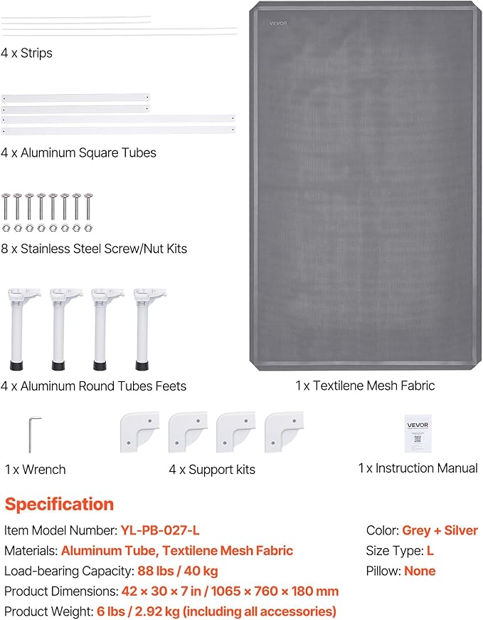 VEVOR Chew Proof Elevated Dog Bed, Portable Raised Dog Cot with Aluminum Tube Metal Frame and Breathable Textilene Mesh, Indoor & Outdoor Pet Cooling Raised Hammock Bed, L, Gray