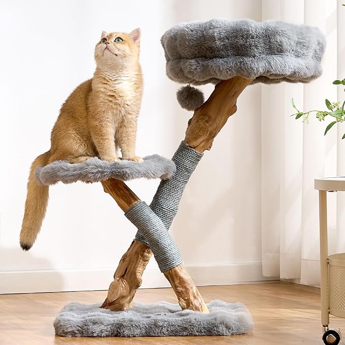 Natural Wood Cat Tree for Indoor Cats Adults, 33in Modern Cat Tree Tower with Super Soft Plush Cat Bed & Perch, Sisal Scratching Posts and Hanging Plush Ball, Frost Gray