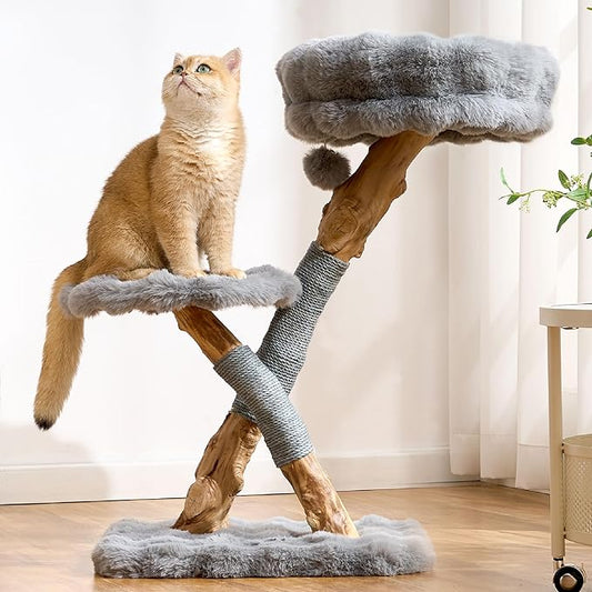 Natural Wood Cat Tree for Indoor Cats Adults, 33in Modern Cat Tree Tower with Super Soft Plush Cat Bed & Perch, Sisal Scratching Posts and Hanging Plush Ball, Frost Gray
