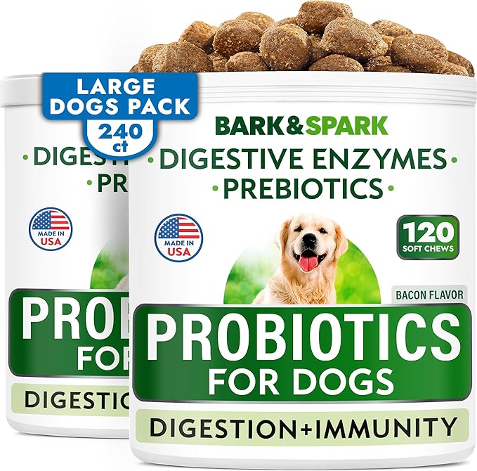 Bark&Spark Dog Probiotics & Digestive Enzymes (Gut Health) Allergy & Itchy Skin - Pet Diarrhea Gas Treatment Upset Stomach Relief, Digestion Health Prebiotic Supplement Large Dog Treats (240Ct Bacon)