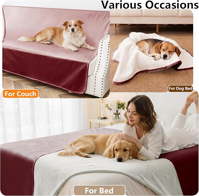Waterproof Blanket for Couch, Leak Proof Dog Bed Blankets Reversible, Pet Throw Sofa Furniture Protector Machine Washable-52 x82,Burgundy Red+Cream