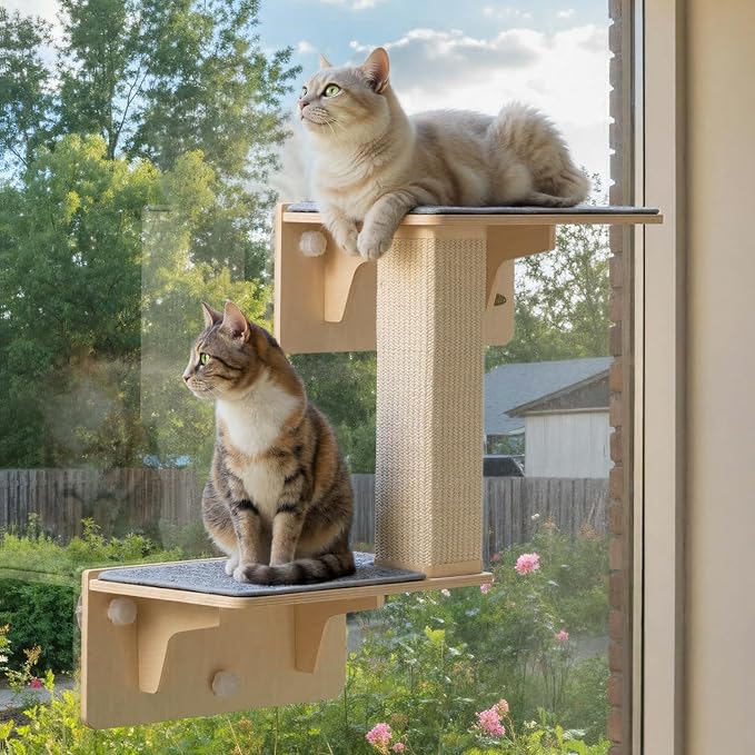 Pecute Double Cat Shelves with Scratching Post for Wall and Window with Solid Wood, Strong Suction Cup, Washable Cover Mat, Cats Perch Bed for Birds Watching Inside Indoor Cat Hammock Bed