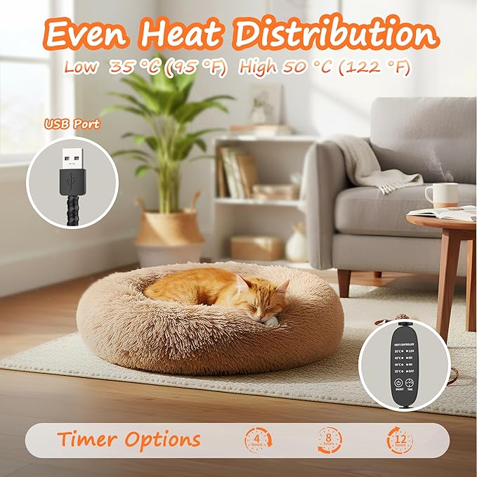 Heated Cat Bed for Indoor Cats, 23-inch Cozy Donut with USB Power, Adjustable Temperature & Timer, Machine Washable Cover for Small & Medium Cats (Camel)