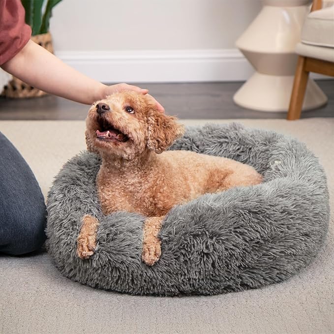 Furhaven 30" Round Calming Donut Dog Bed for Medium/Small Dogs, Refillable w/ Removable Washable Cover, For Dogs Up to 45 lbs - Shaggy Plush Long Faux Fur Donut Bed - Gray, Medium
