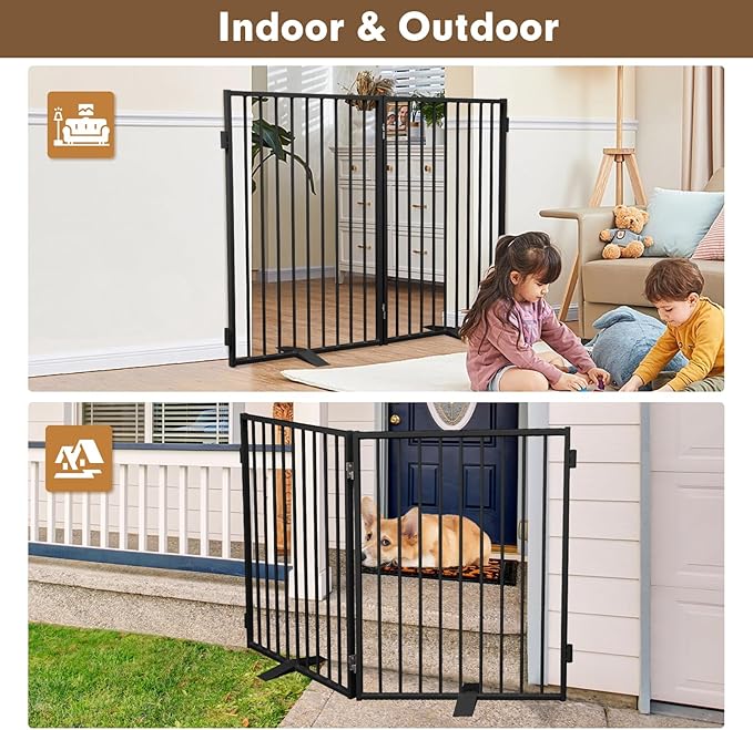 Metal Freestanding Dog Gates,Extra Wide 24", 32" Height Foldable Dog Fence for Indoor & Outdoor, Heavy Duty Freestanding Pet Barrier for Stairs, Doorways, Halls, Kitchen,Yard