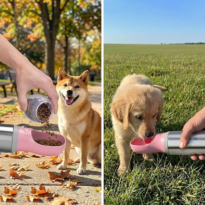 Portable Dog Water Bottle with Food Container, 14 OZ, Stainless Steel Leak Proof Puppy Water Dispenser with Drinking Feeder for Pets Travel, Walking, Hiking and Outdoor Activities